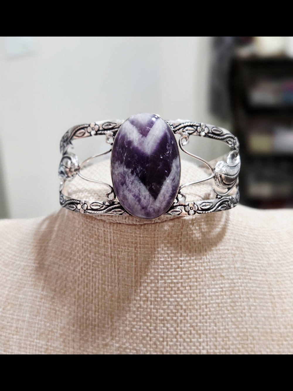 Silver Chevron Amethyst Stone Cuff Bracelet - Women Jewelry